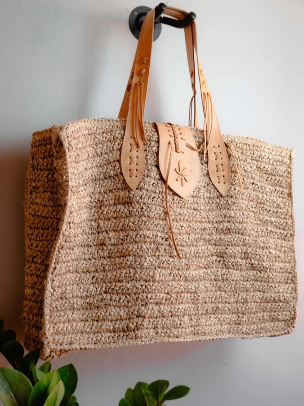 Handwoven Straw Tote Bag with Tan Leather Handles